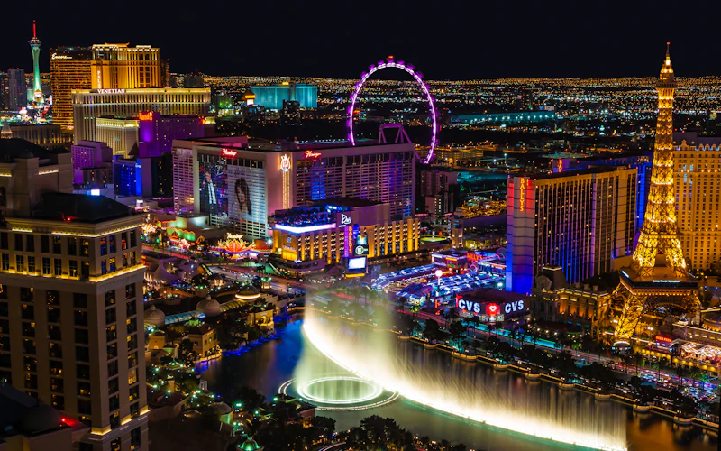The Las Vegas Strip rises behind the residential neighborhoods of Paradise